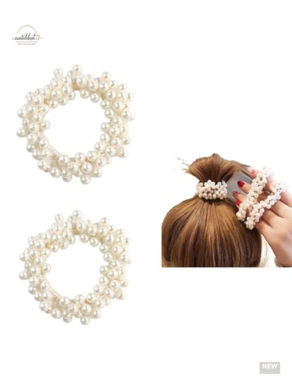 Pearl Beaded Scrunchie Hair Ties Elastic Ponytail Holders 2 Pack